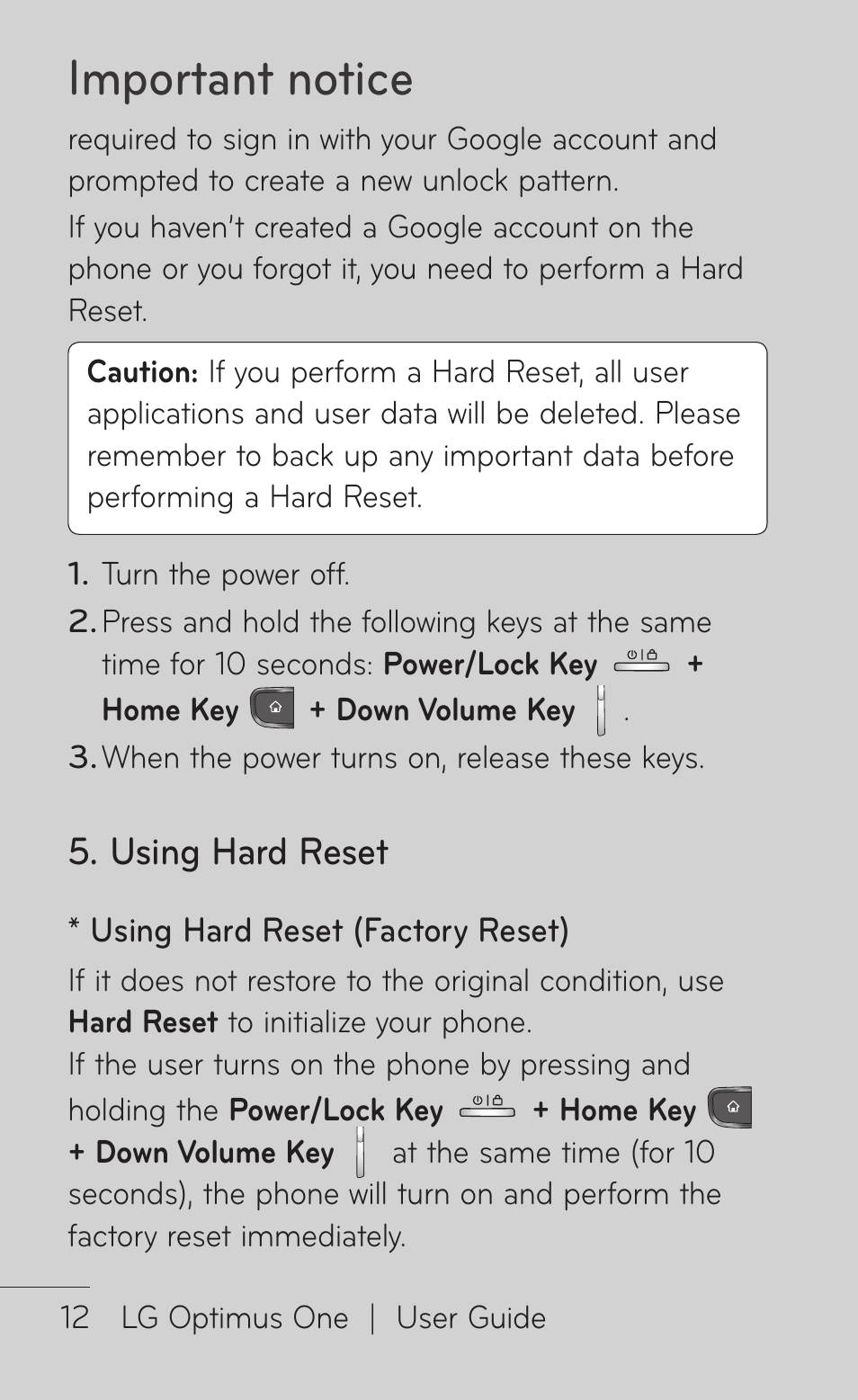 Important notice, Using hard reset | LG LGP504 User Manual | Page 12 / 380