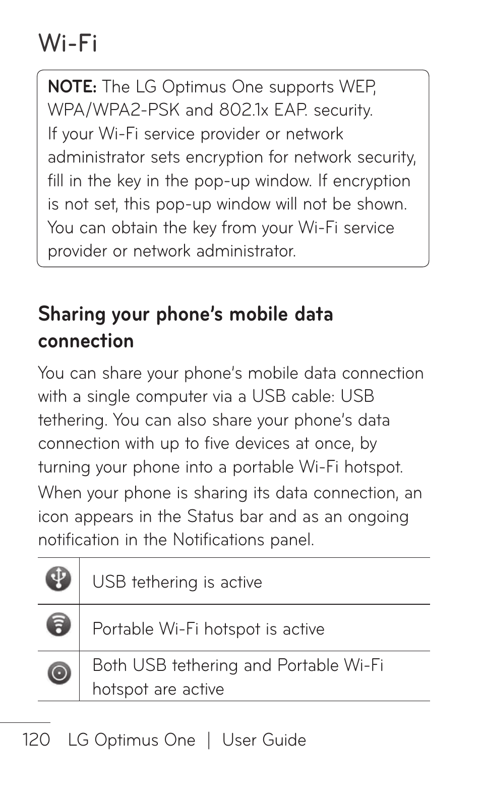 Sharing your phone’s mobile data connection, Wi-fi | LG LGP504 User Manual | Page 120 / 380