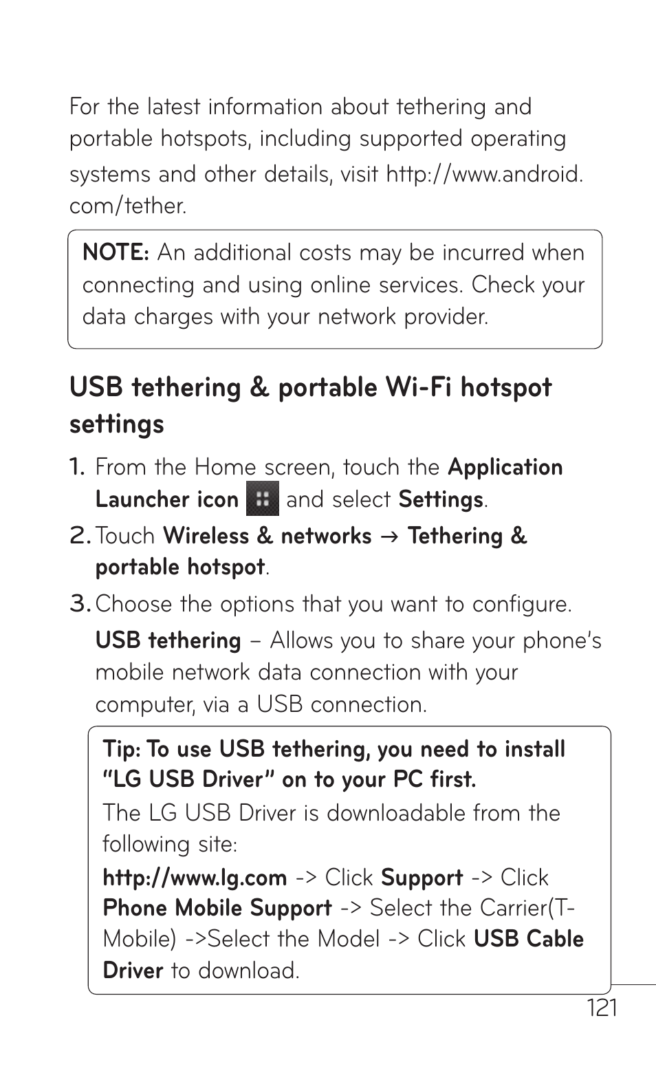 Usb tethering & portable wi-fi hotspot settings | LG LGP504 User Manual | Page 121 / 380