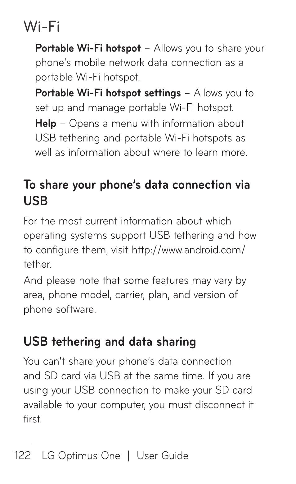 To share your phone’s data connection via usb, Usb tethering and data sharing, Wi-fi | LG LGP504 User Manual | Page 122 / 380