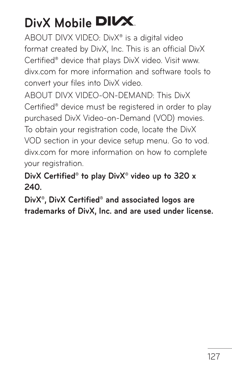 Divx mobile | LG LGP504 User Manual | Page 127 / 380