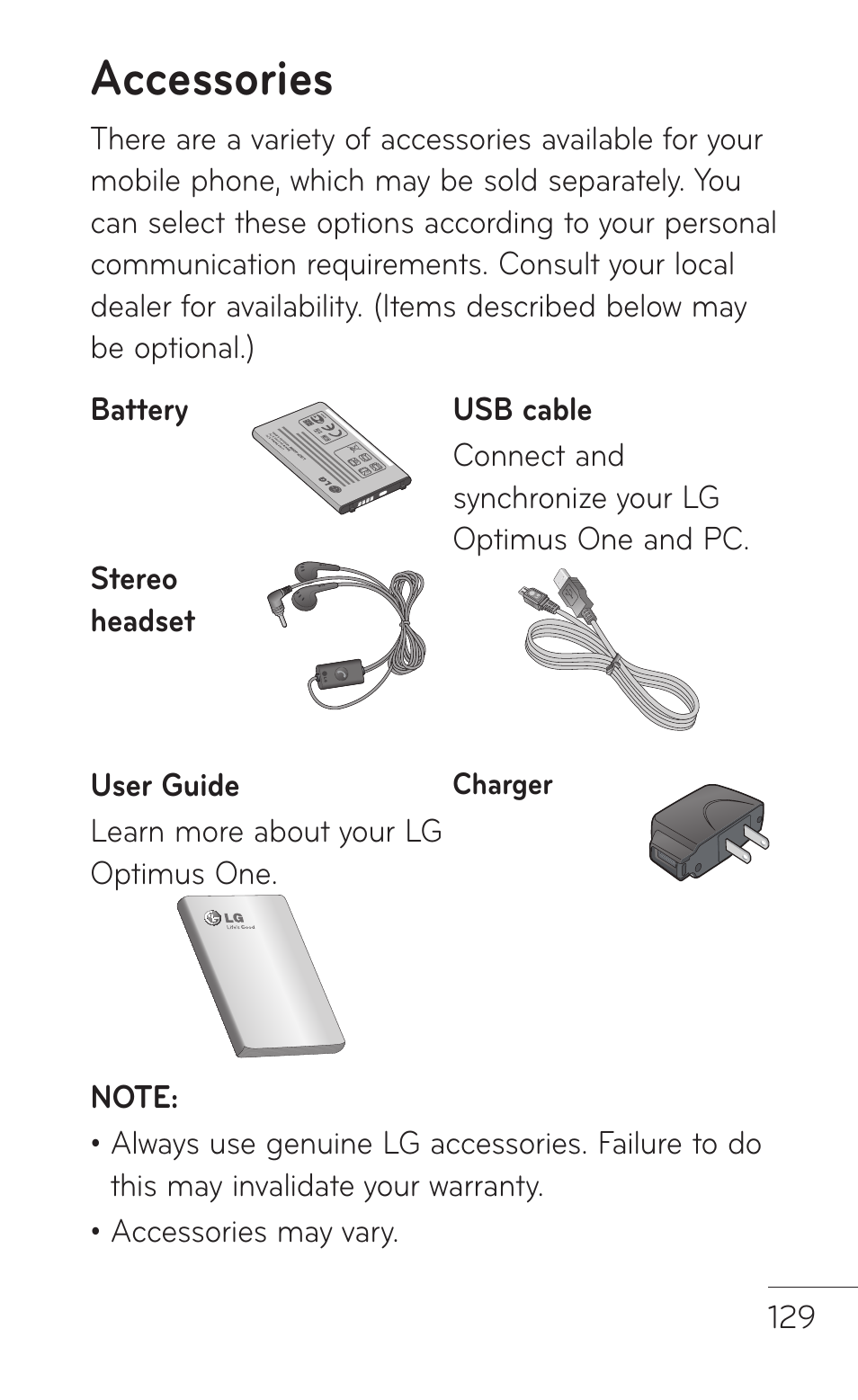 Accessories | LG LGP504 User Manual | Page 129 / 380