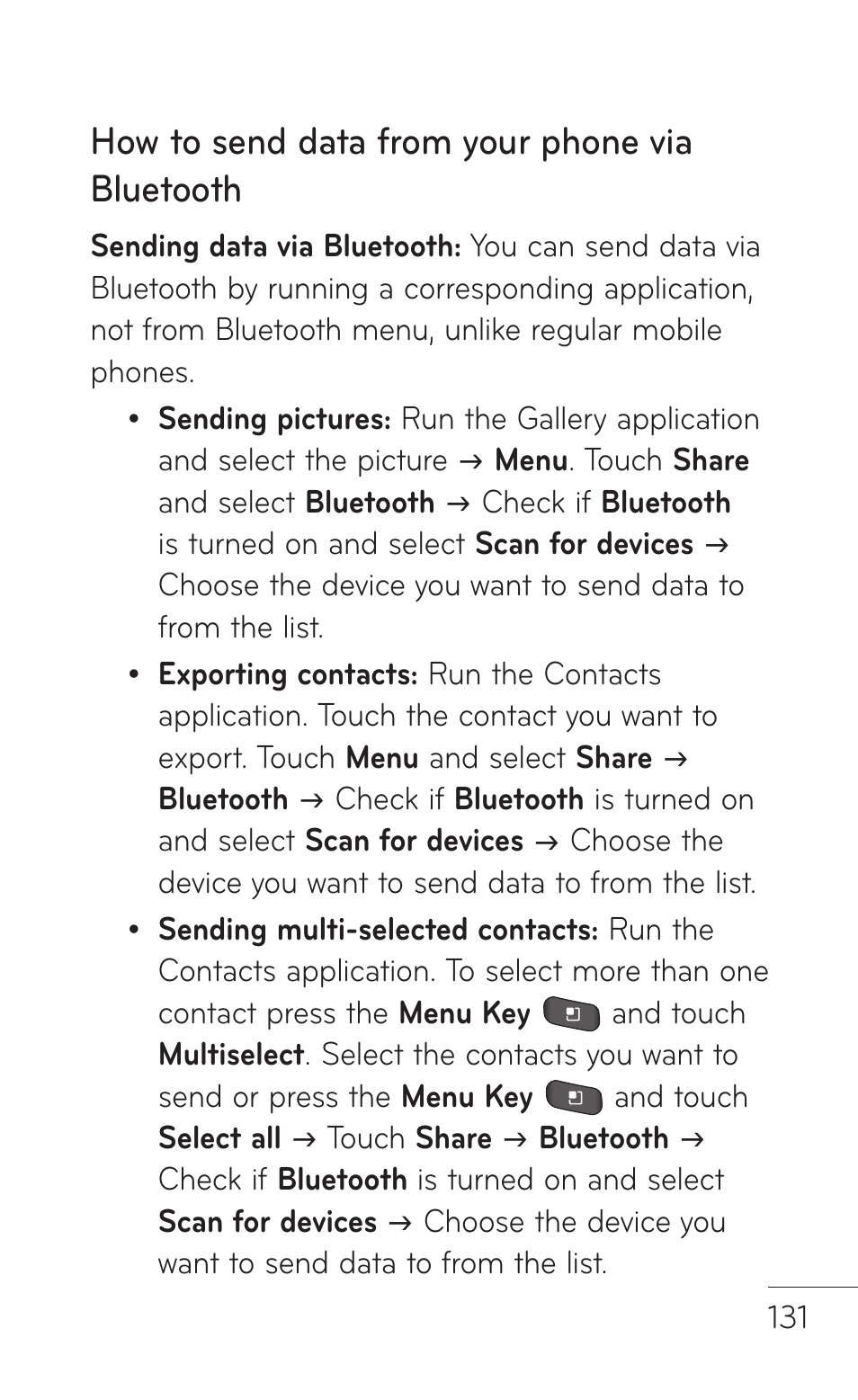 How to send data from your phone via bluetooth | LG LGP504 User Manual | Page 131 / 380