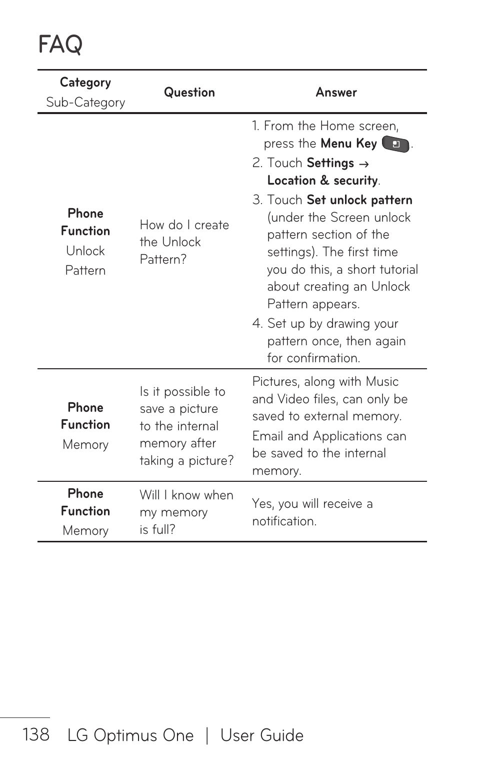 138 lg optimus one | user guide | LG LGP504 User Manual | Page 138 / 380