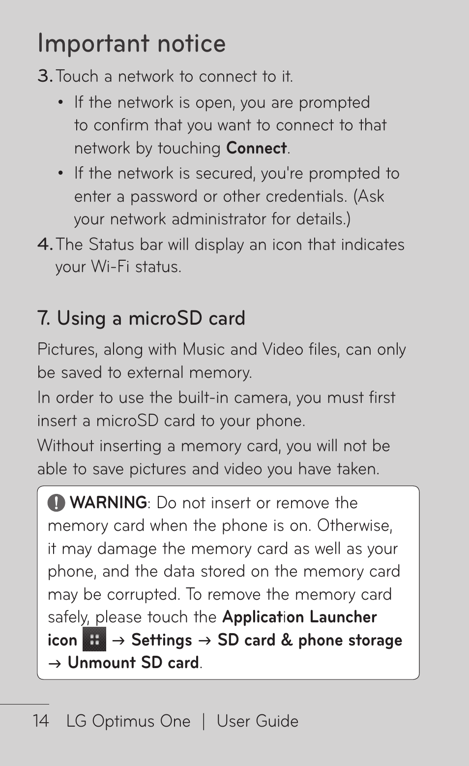 Important notice, Using a microsd card | LG LGP504 User Manual | Page 14 / 380