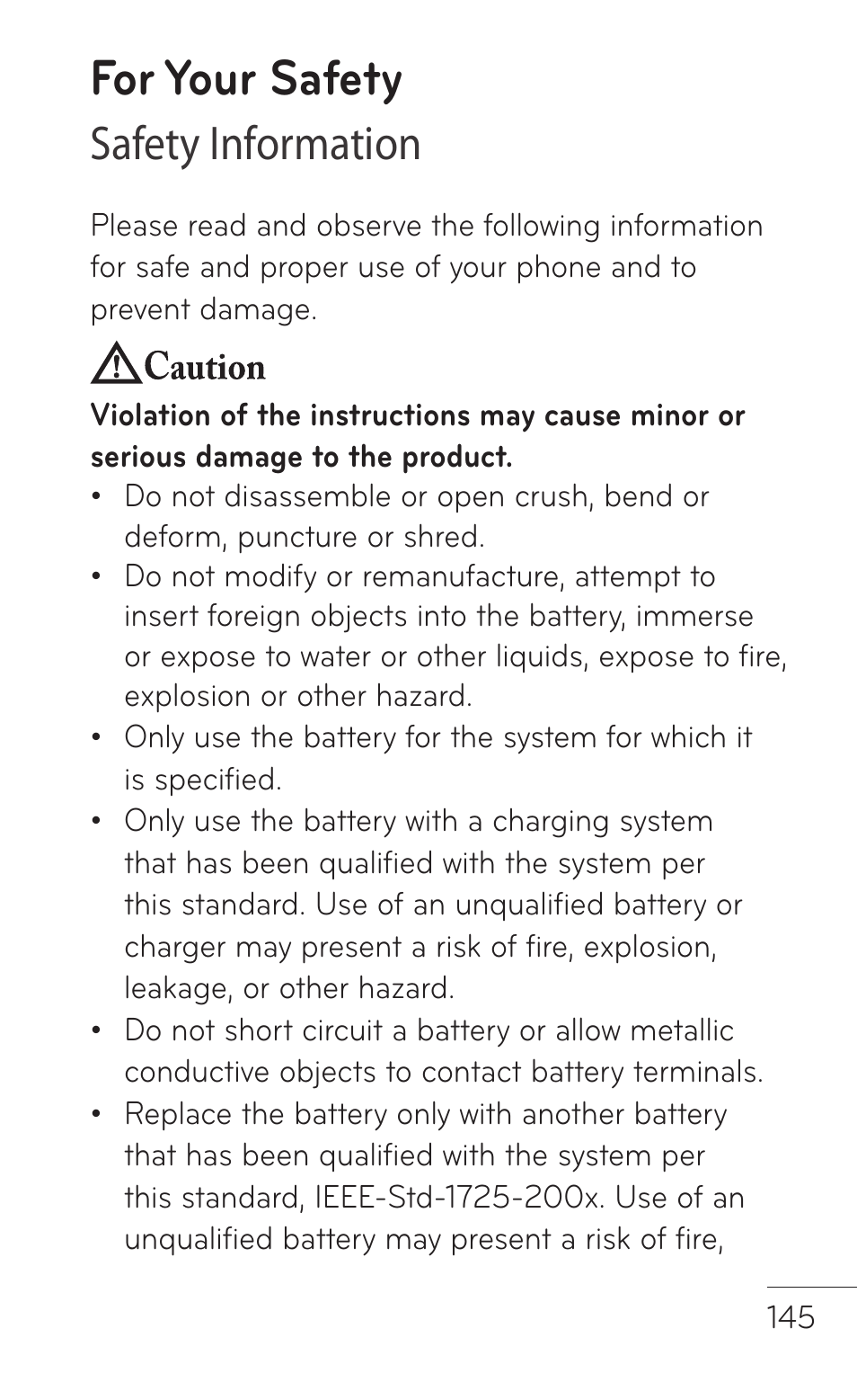 For your safety, Safety information | LG LGP504 User Manual | Page 145 / 380