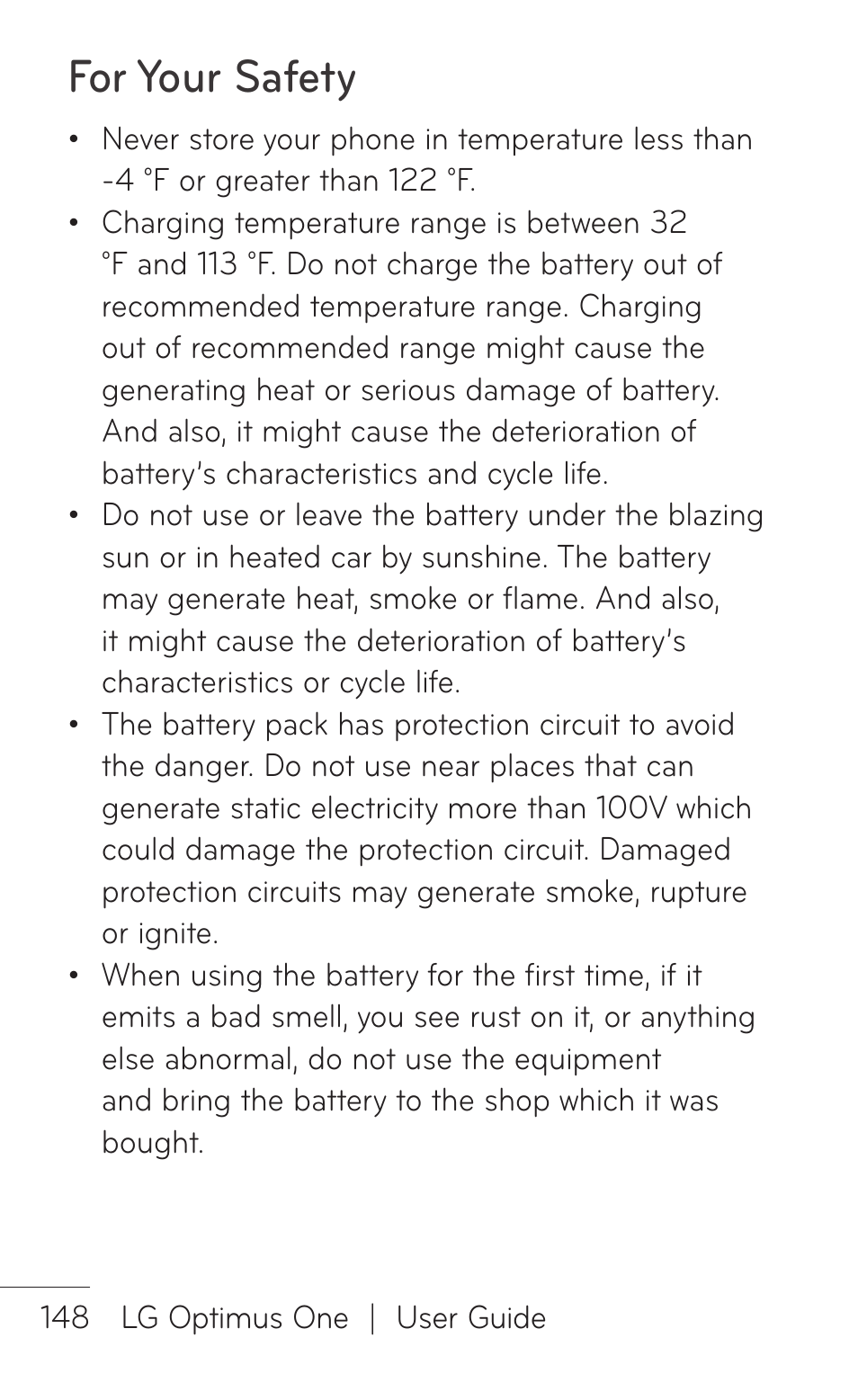 For your safety | LG LGP504 User Manual | Page 148 / 380