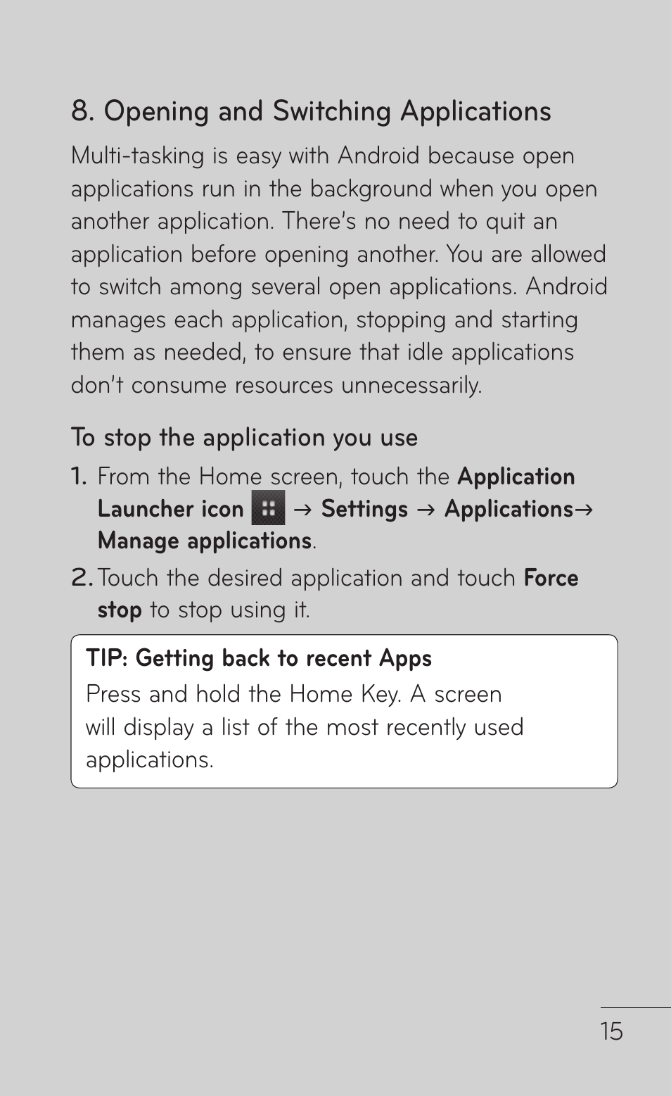 Opening and switching applications | LG LGP504 User Manual | Page 15 / 380