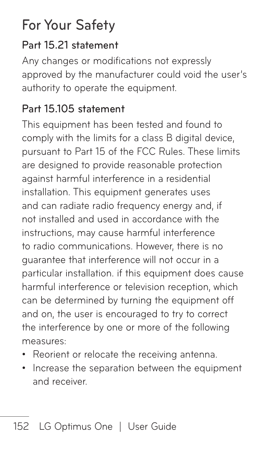 For your safety | LG LGP504 User Manual | Page 152 / 380