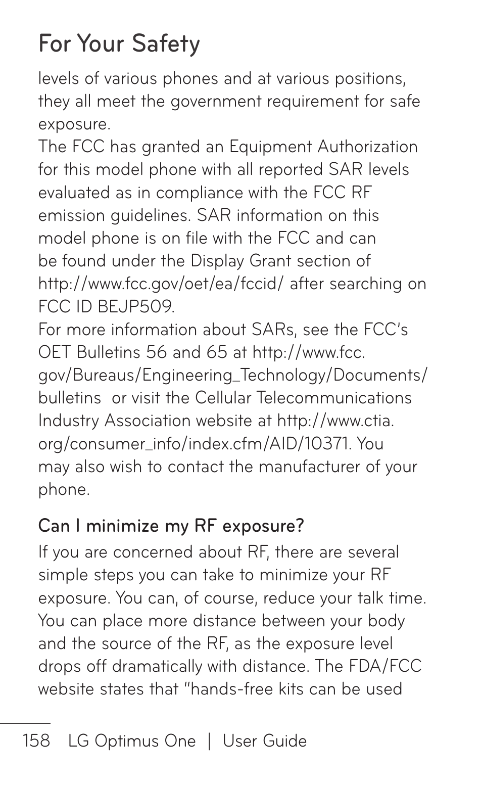 For your safety | LG LGP504 User Manual | Page 158 / 380