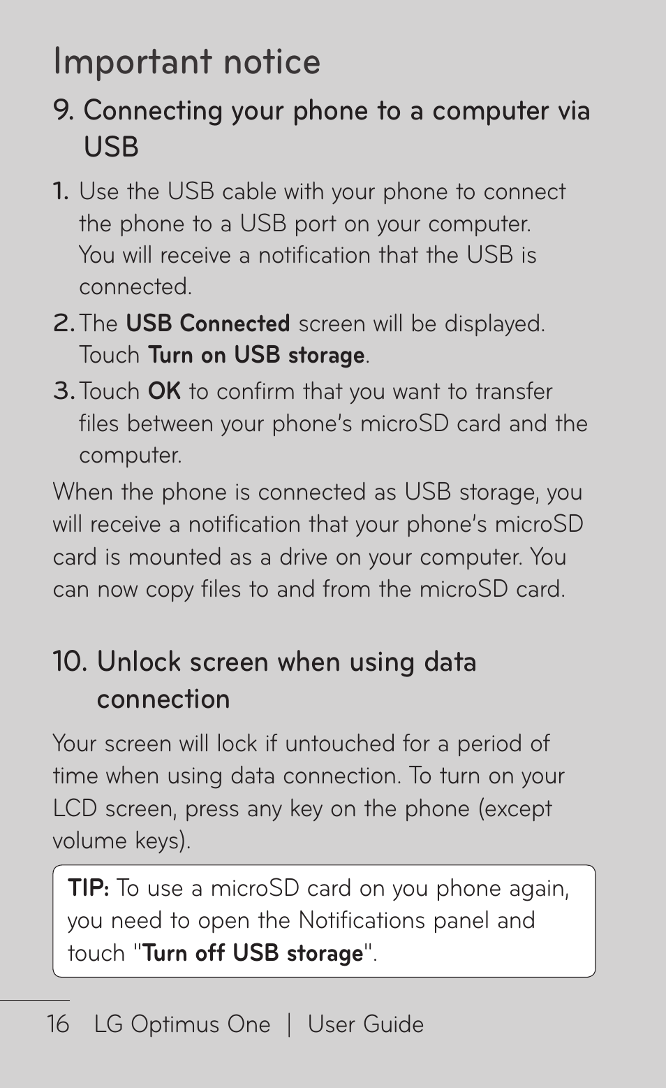 Important notice, Connecting your phone to a computer via usb, Unlock screen when using data connection | LG LGP504 User Manual | Page 16 / 380