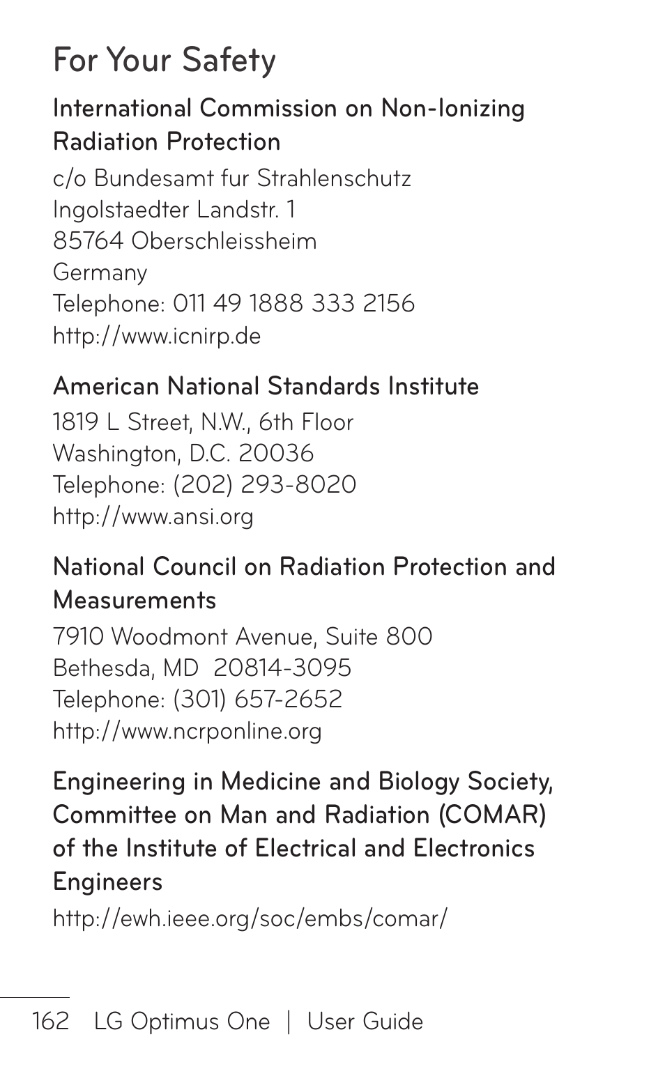 For your safety | LG LGP504 User Manual | Page 162 / 380