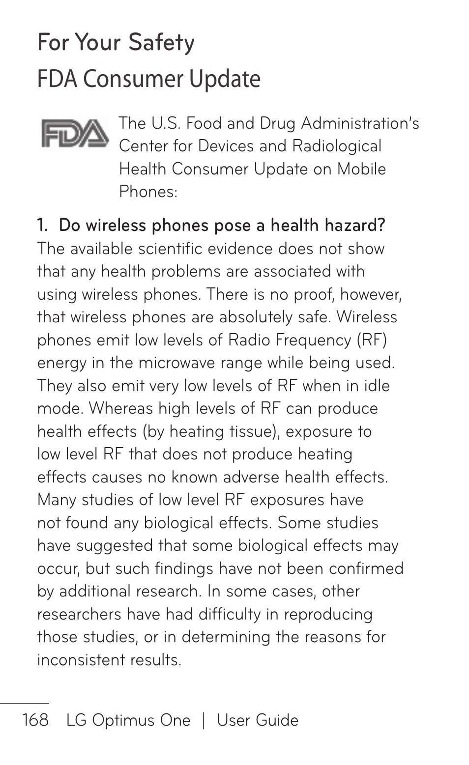 Fda consumer update, For your safety fda consumer update | LG LGP504 User Manual | Page 168 / 380