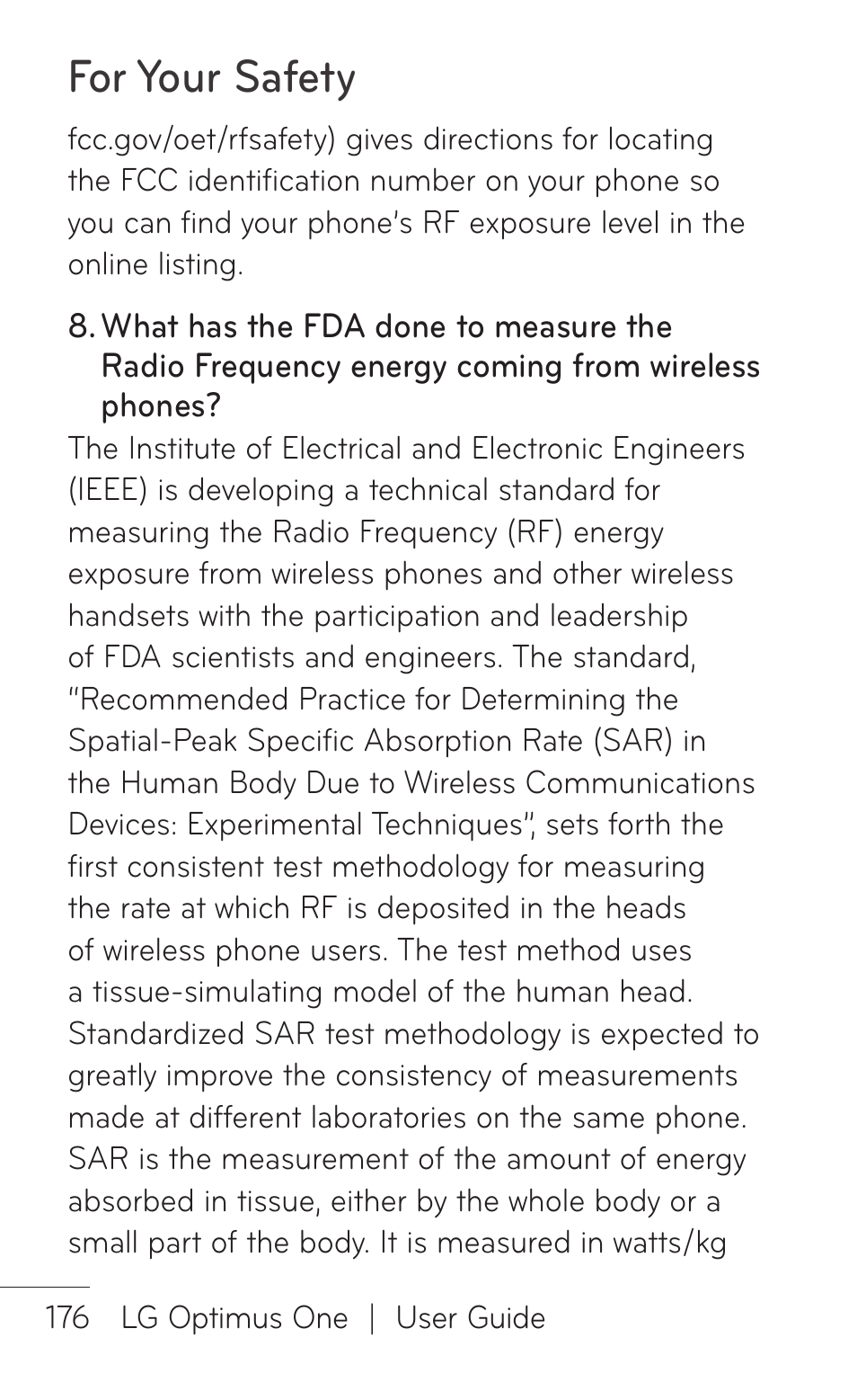 For your safety | LG LGP504 User Manual | Page 176 / 380