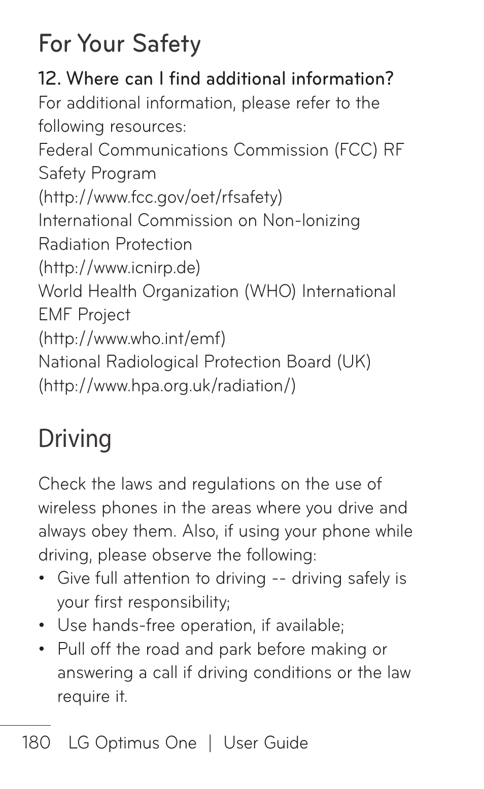 For your safety, Driving | LG LGP504 User Manual | Page 180 / 380