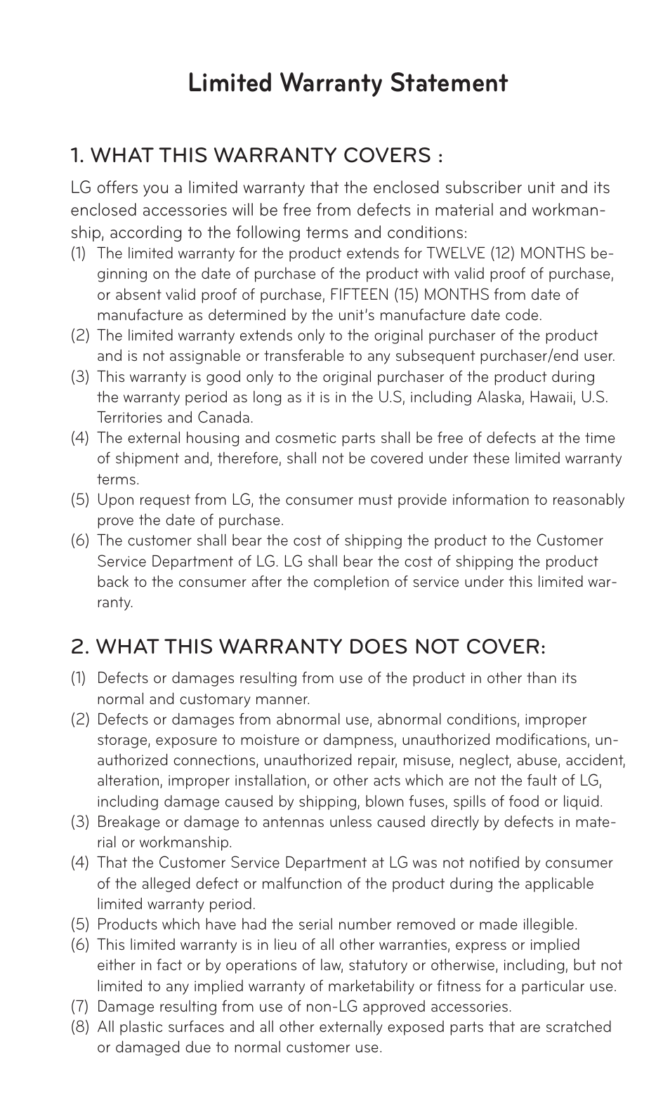 Limited warranty statement, What this warranty covers, What this warranty does not cover | LG LGP504 User Manual | Page 181 / 380