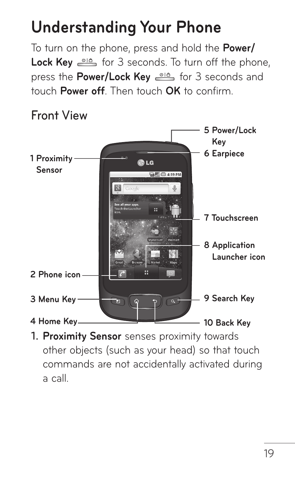 Understanding your phone, Front view | LG LGP504 User Manual | Page 19 / 380