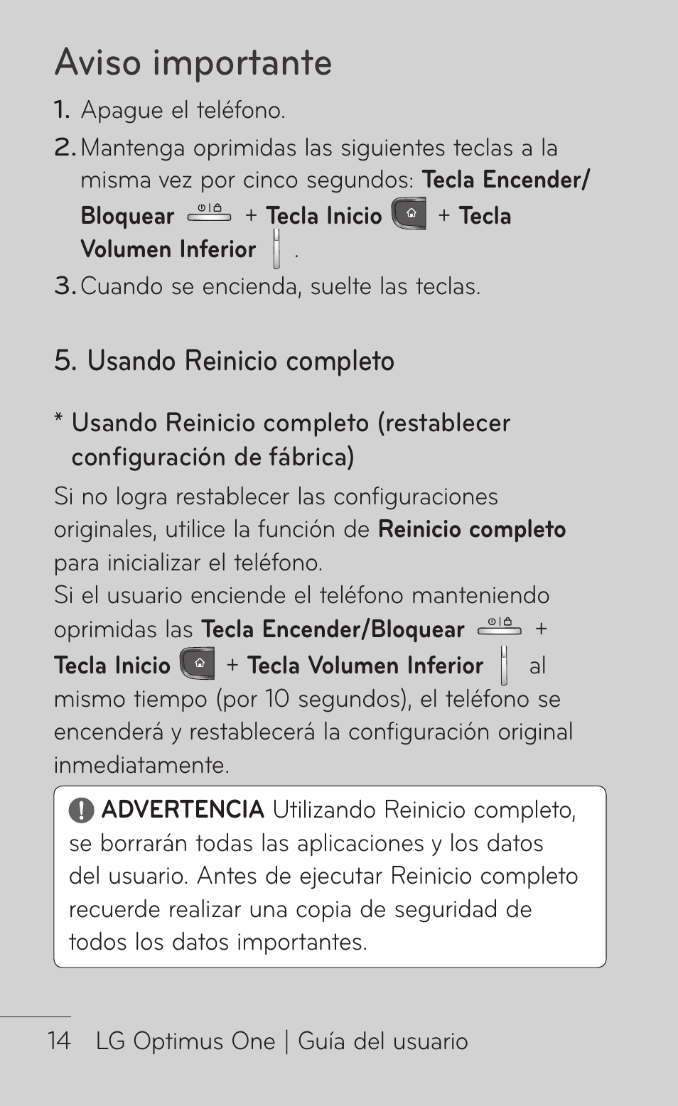 Aviso importante, Usando reinicio completo | LG LGP504 User Manual | Page 196 / 380