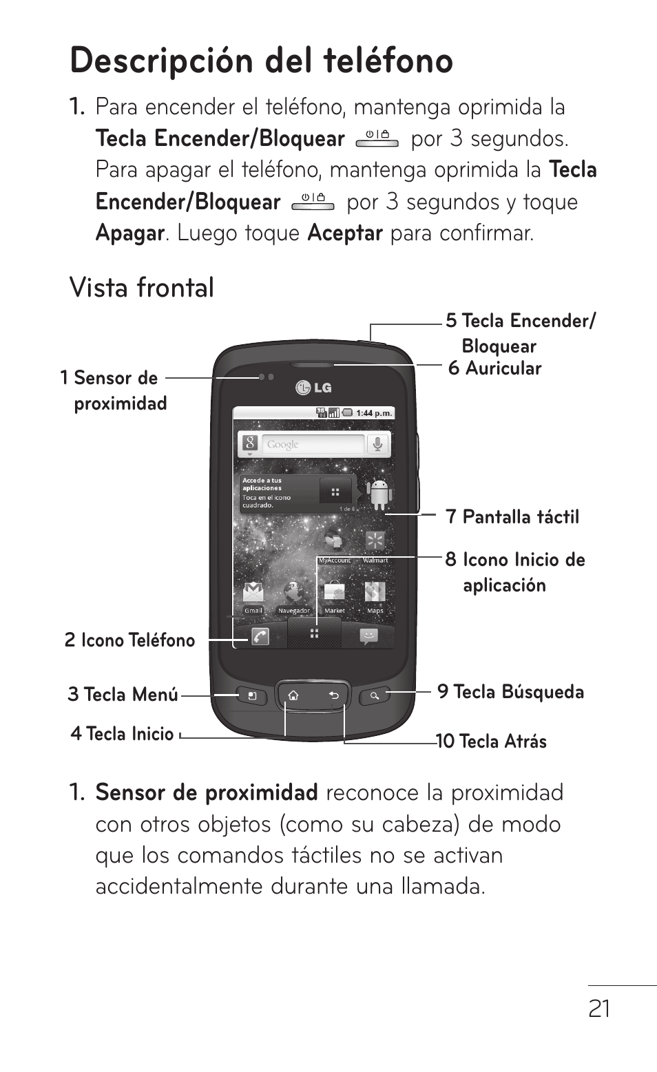 Descripción del teléfono, Vista frontal | LG LGP504 User Manual | Page 203 / 380