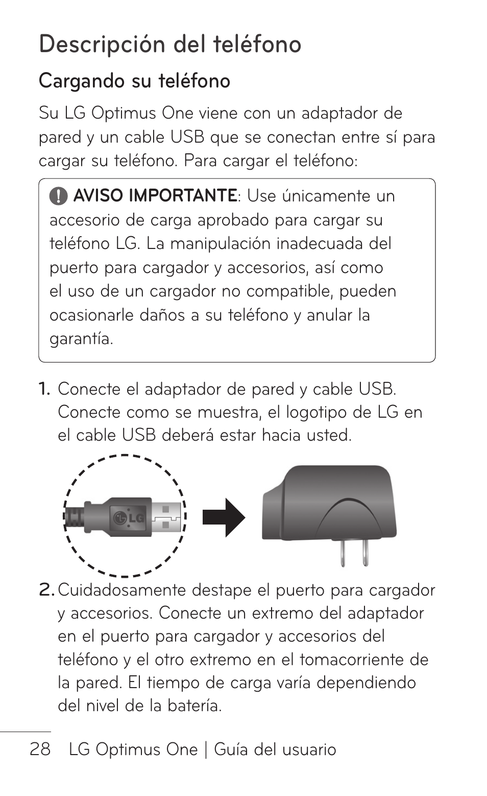 Cargando su teléfono, Descripción del teléfono | LG LGP504 User Manual | Page 210 / 380