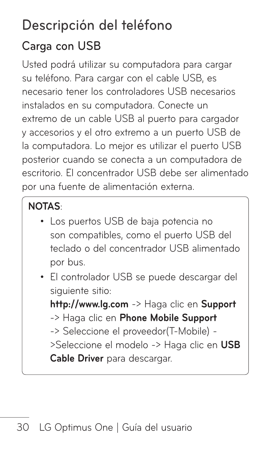 Carga con usb, Descripción del teléfono | LG LGP504 User Manual | Page 212 / 380