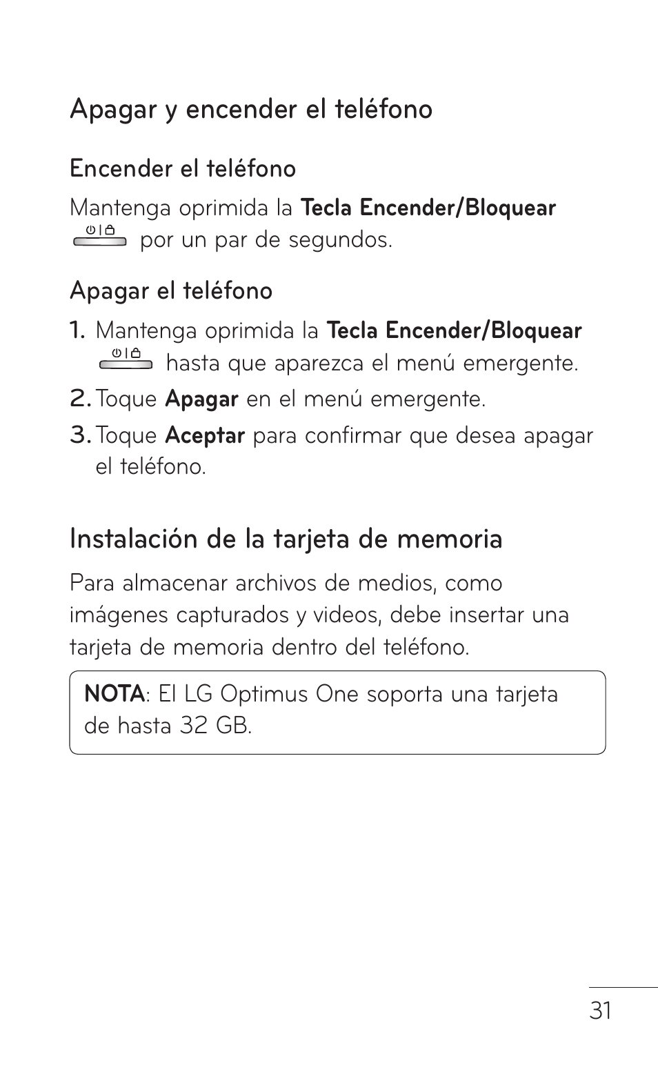 Apagar y encender el teléfono, Instalación de la tarjeta de memoria | LG LGP504 User Manual | Page 213 / 380