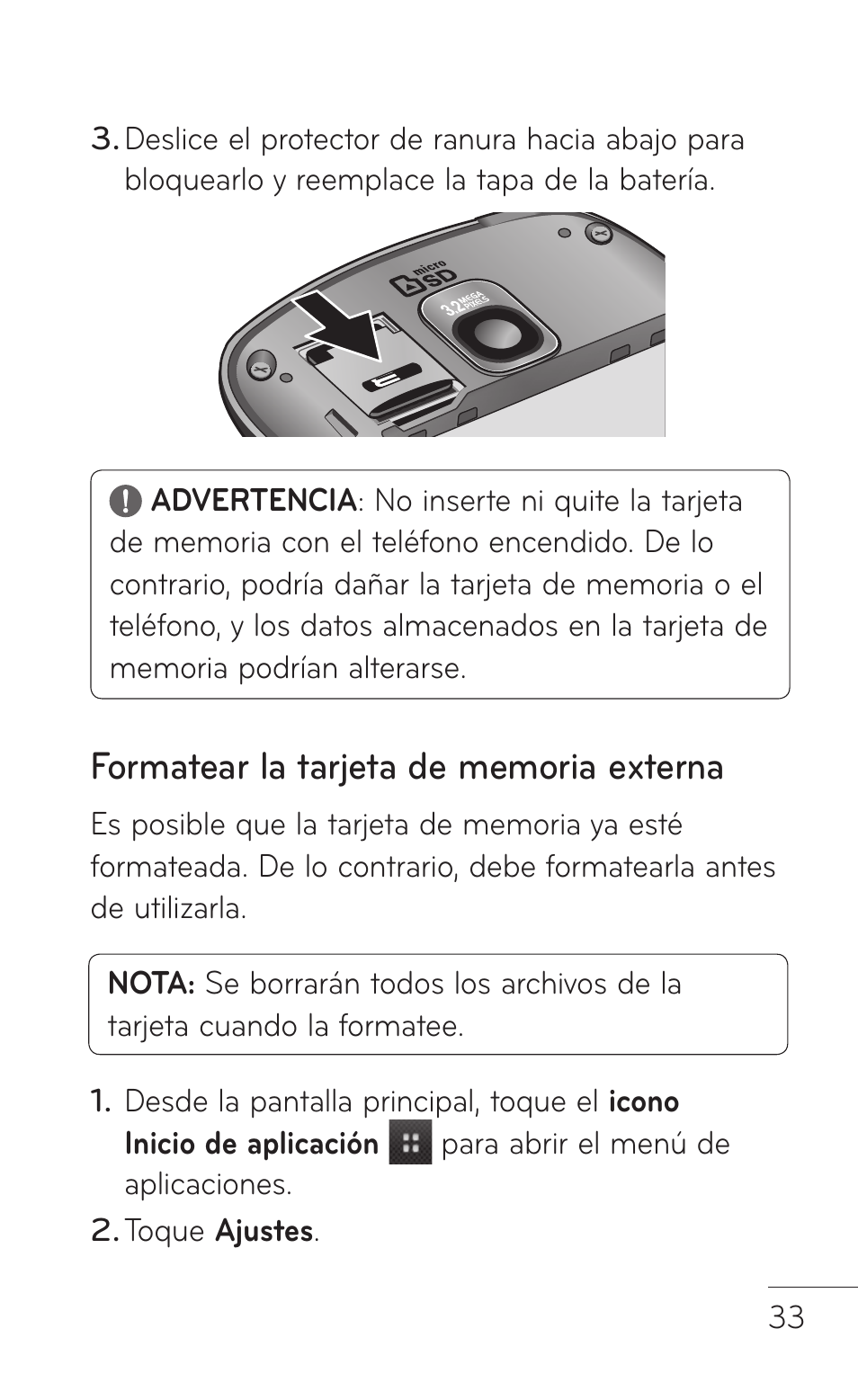 Formatear la tarjeta de memoria externa | LG LGP504 User Manual | Page 215 / 380