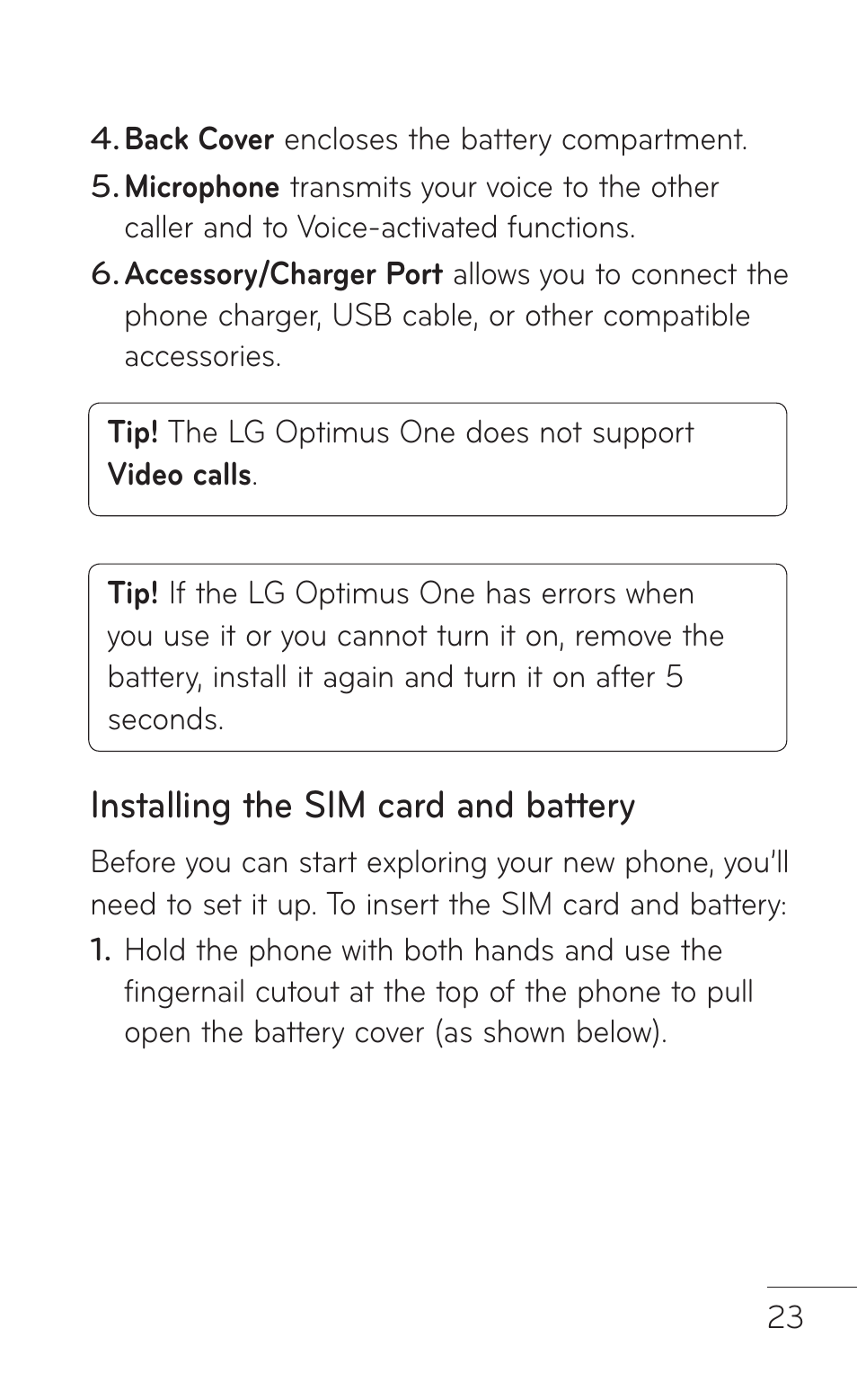 Installing the sim card and battery | LG LGP504 User Manual | Page 23 / 380