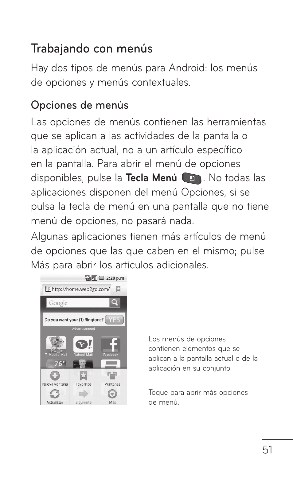 Trabajando con menús, Opciones de menús | LG LGP504 User Manual | Page 233 / 380