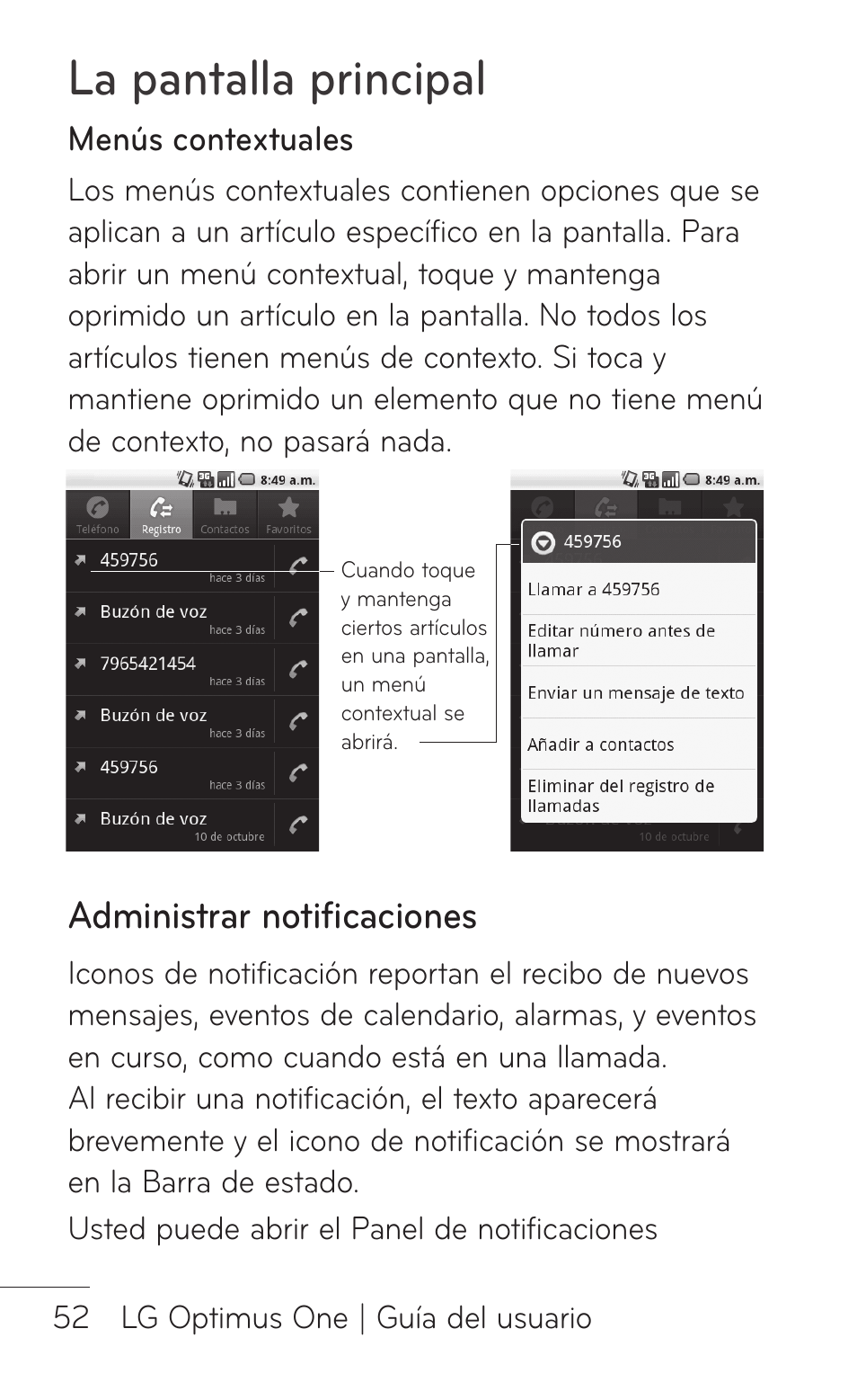 Administrar notificaciones, La pantalla principal, Menús contextuales | LG LGP504 User Manual | Page 234 / 380