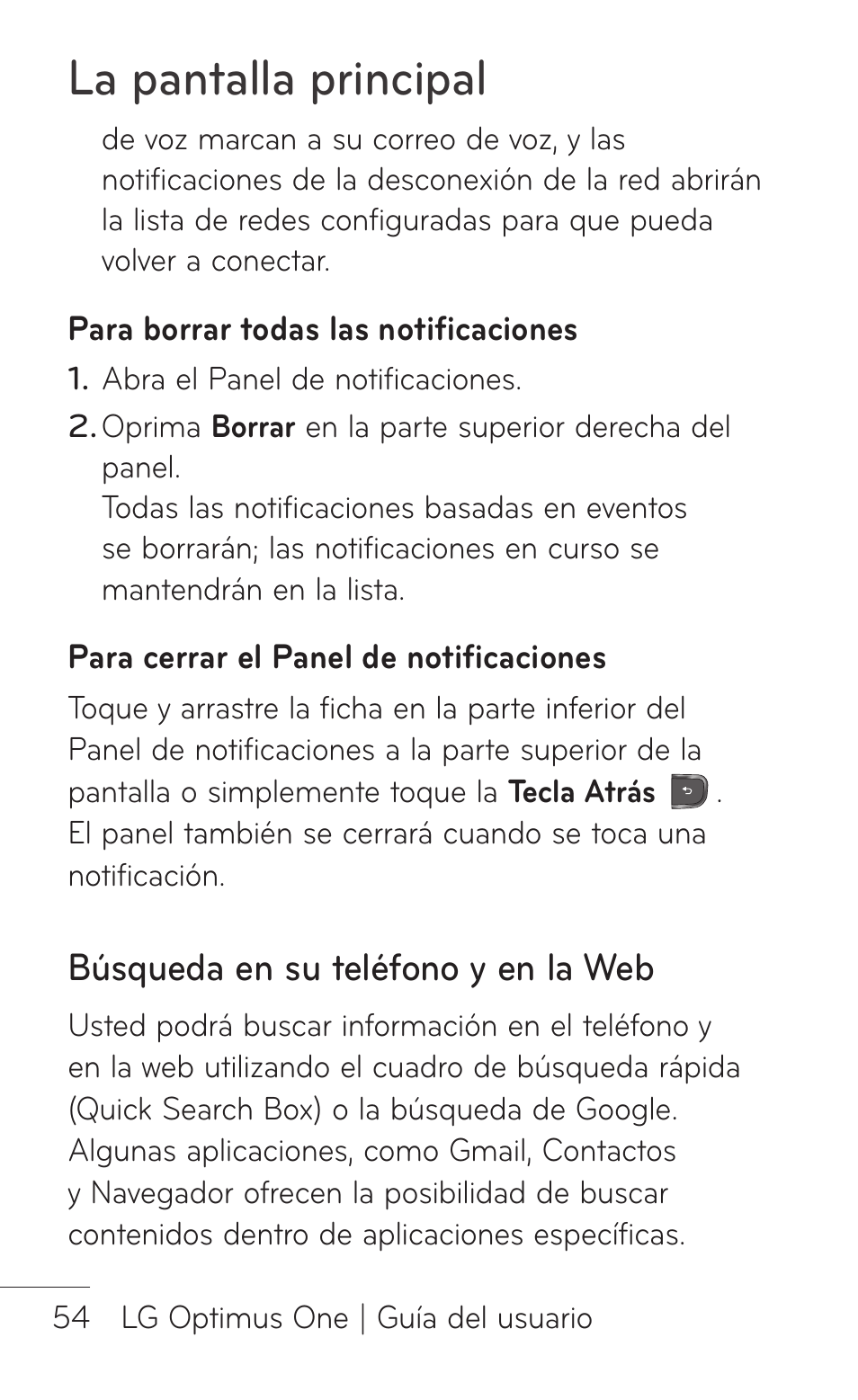 Búsqueda en su teléfono y en la web, La pantalla principal | LG LGP504 User Manual | Page 236 / 380