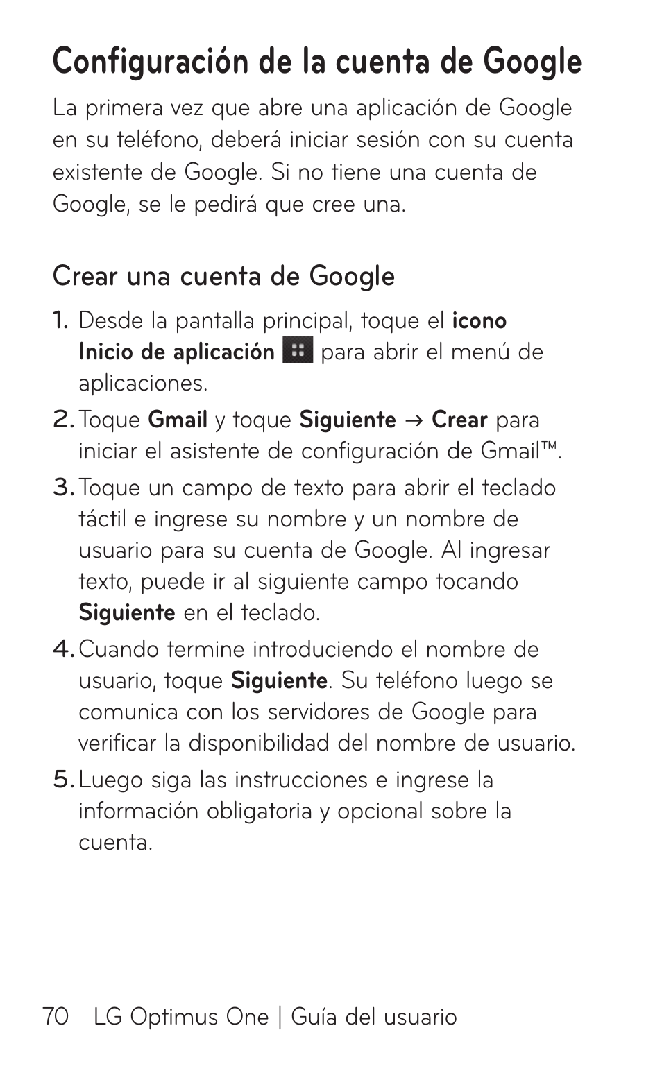 Configuración de la cuenta de google, Crear una cuenta de google | LG LGP504 User Manual | Page 252 / 380