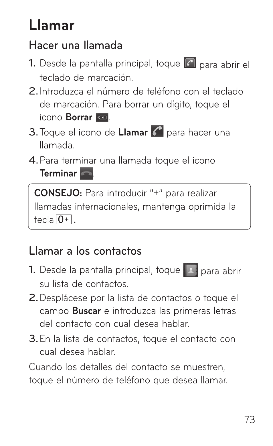 Llamar, Hacer una llamada, Llamar a los contactos | LG LGP504 User Manual | Page 255 / 380