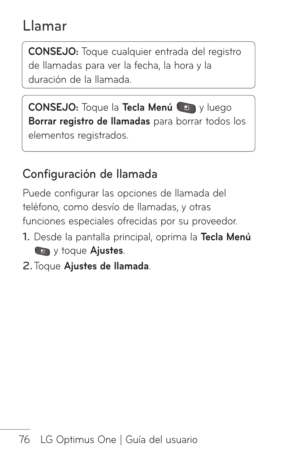 Configuración de llamada, Llamar | LG LGP504 User Manual | Page 258 / 380