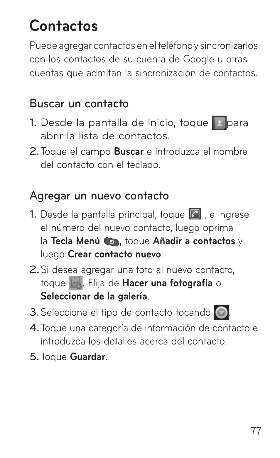 Contactos, Buscar un contacto, Agregar un nuevo contacto | LG LGP504 User Manual | Page 259 / 380