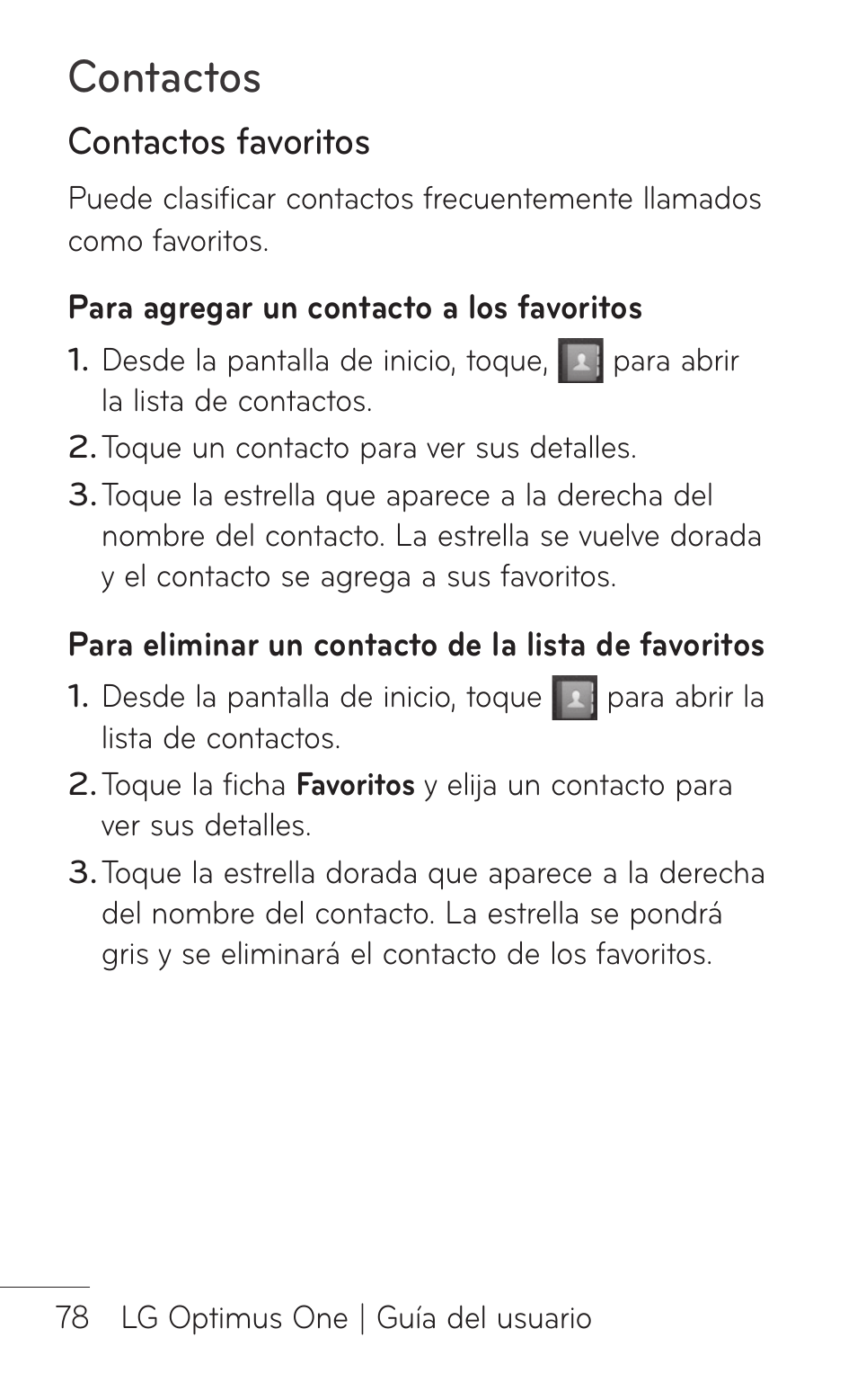 Contactos favoritos, Contactos | LG LGP504 User Manual | Page 260 / 380