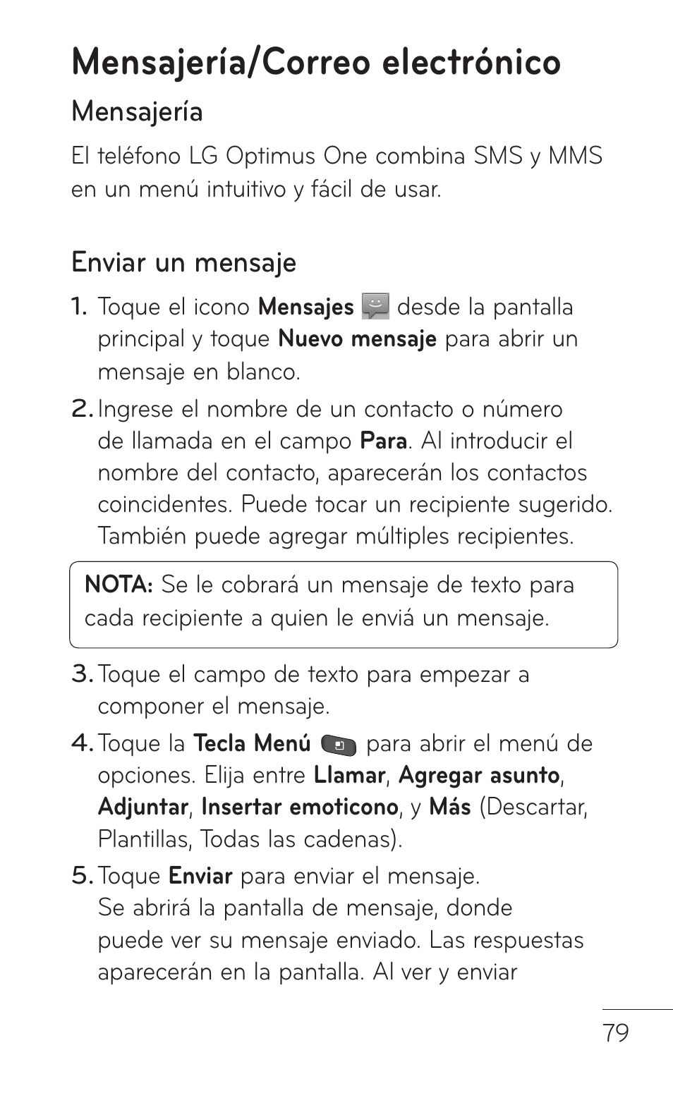 Mensajería/correo electrónico, Mensajería, Enviar un mensaje | LG LGP504 User Manual | Page 261 / 380