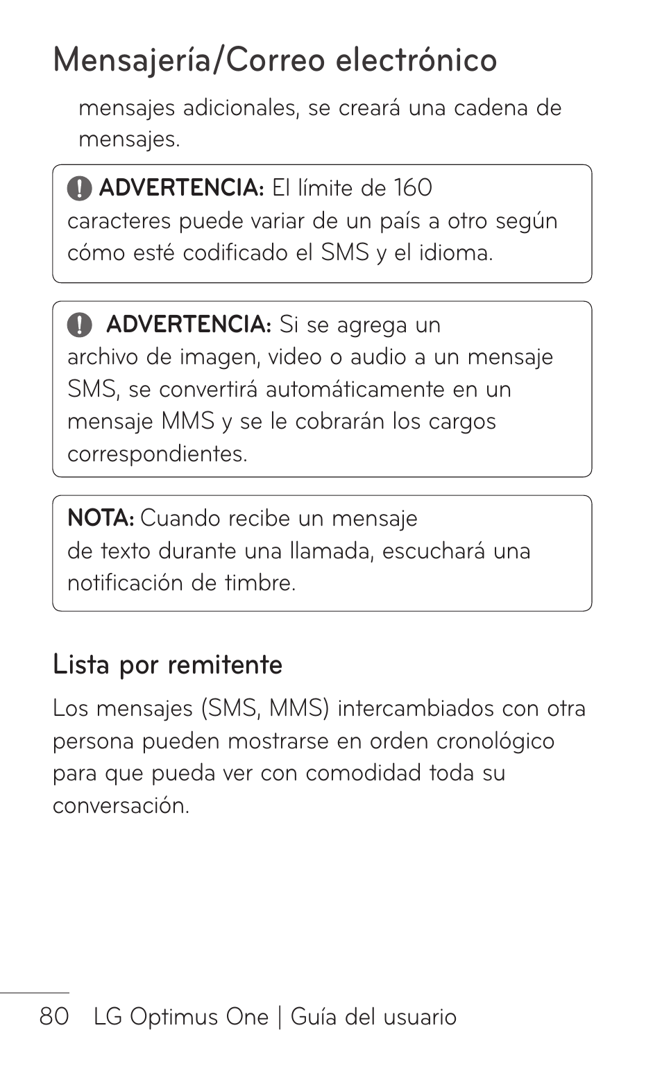 Lista por remitente, Mensajería/correo electrónico | LG LGP504 User Manual | Page 262 / 380