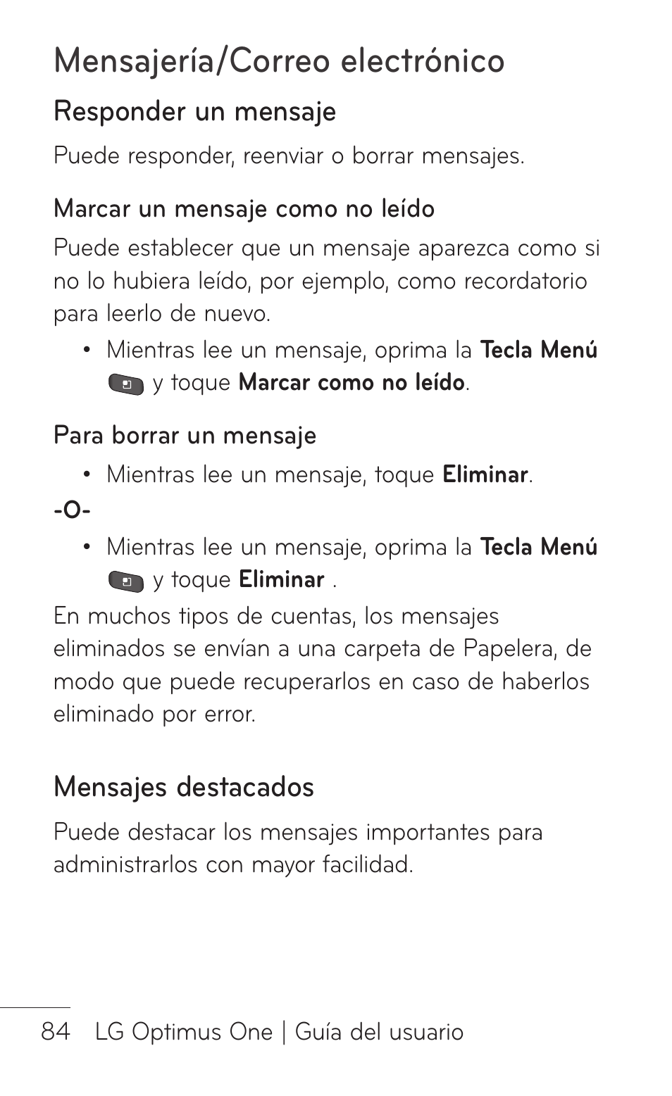 Responder un mensaje, Mensajes destacados, Mensajería/correo electrónico | LG LGP504 User Manual | Page 266 / 380