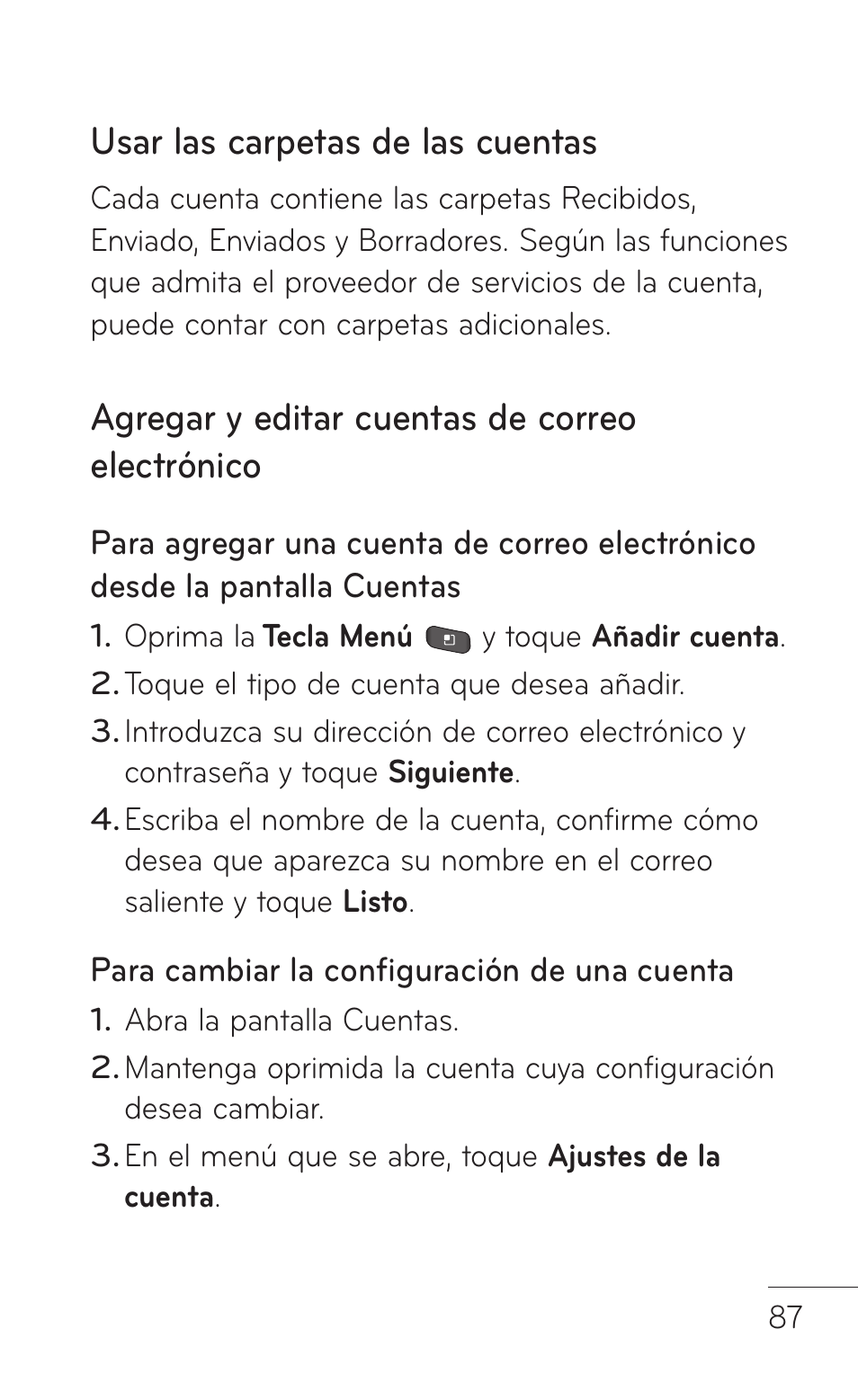 Usar las carpetas de las cuentas, Agregar y editar cuentas de correo electrónico | LG LGP504 User Manual | Page 269 / 380