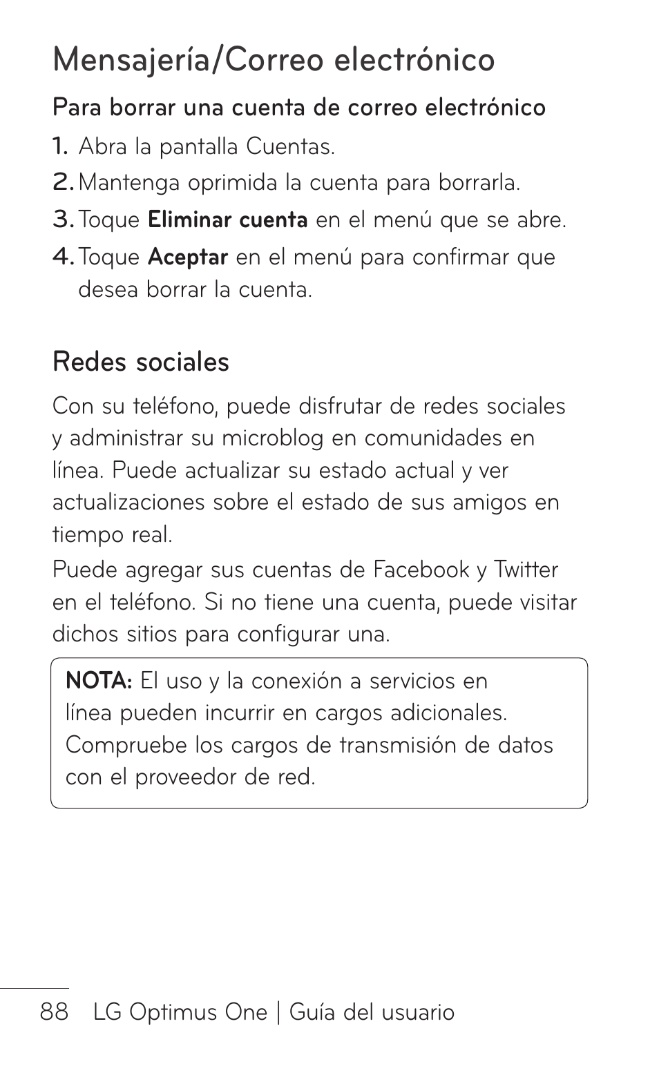 Redes sociales, Mensajería/correo electrónico | LG LGP504 User Manual | Page 270 / 380