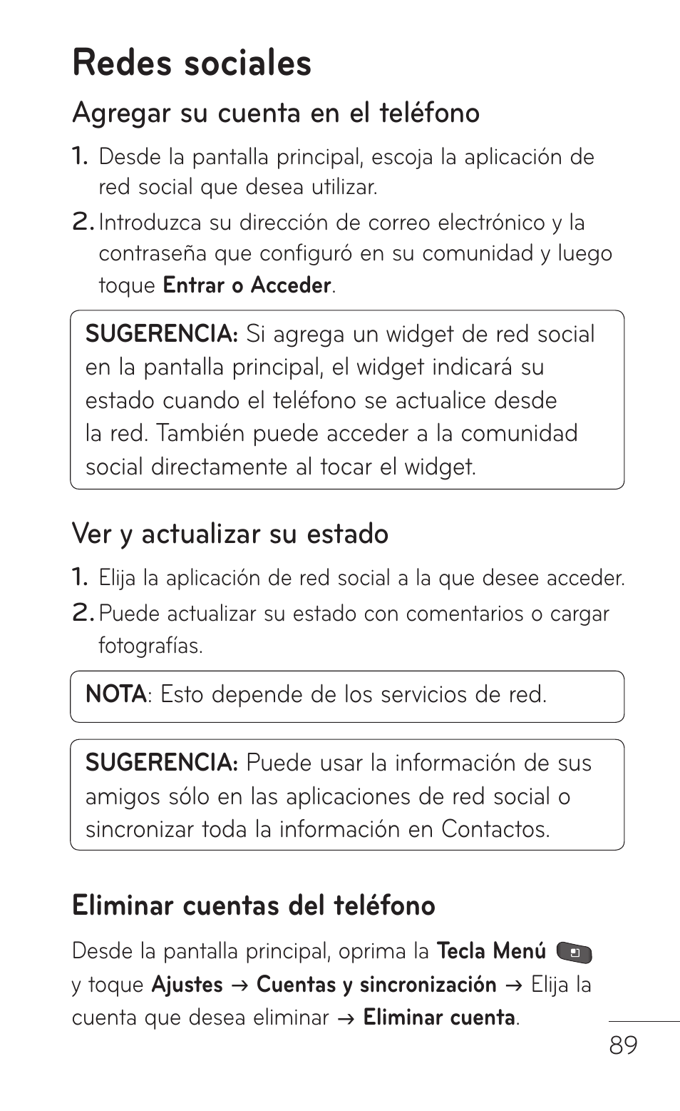 Redes sociales, Agregar su cuenta en el teléfono, Ver y actualizar su estado | Eliminar cuentas del teléfono | LG LGP504 User Manual | Page 271 / 380