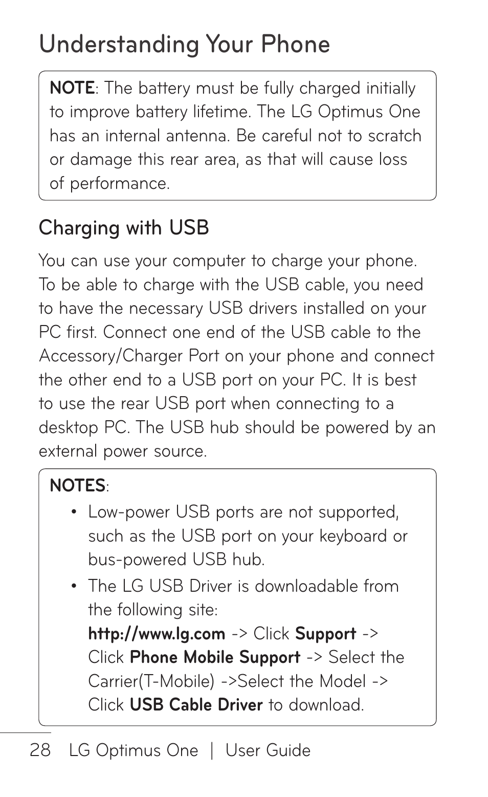 Charging with usb, Understanding your phone | LG LGP504 User Manual | Page 28 / 380