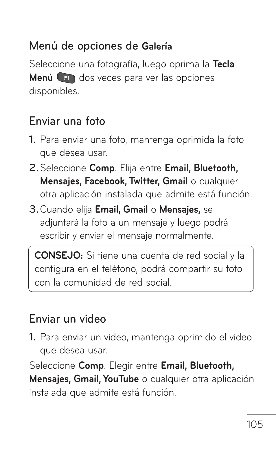 Menú de opciones de galería, Enviar una foto, Enviar un video | Menú de opciones de | LG LGP504 User Manual | Page 287 / 380