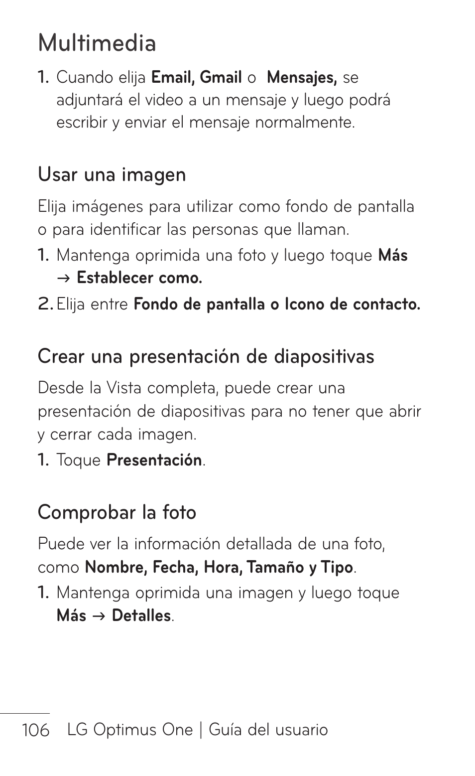 Usar una imagen, Crear una presentación de diapositivas, Comprobar la foto | Multimedia | LG LGP504 User Manual | Page 288 / 380