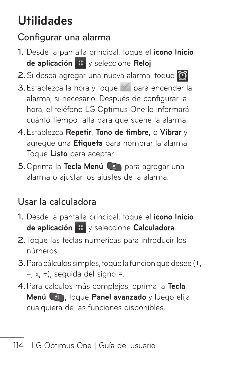 Utilidades, Configurar una alarma, Usar la calculadora | LG LGP504 User Manual | Page 296 / 380