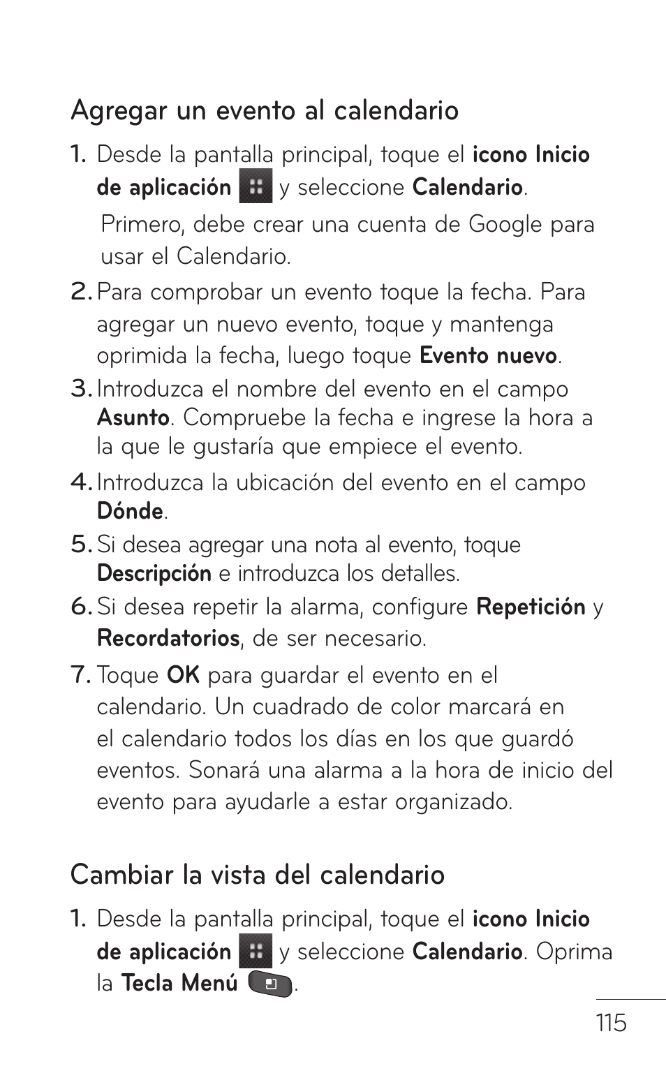 Agregar un evento al calendario, Cambiar la vista del calendario | LG LGP504 User Manual | Page 297 / 380