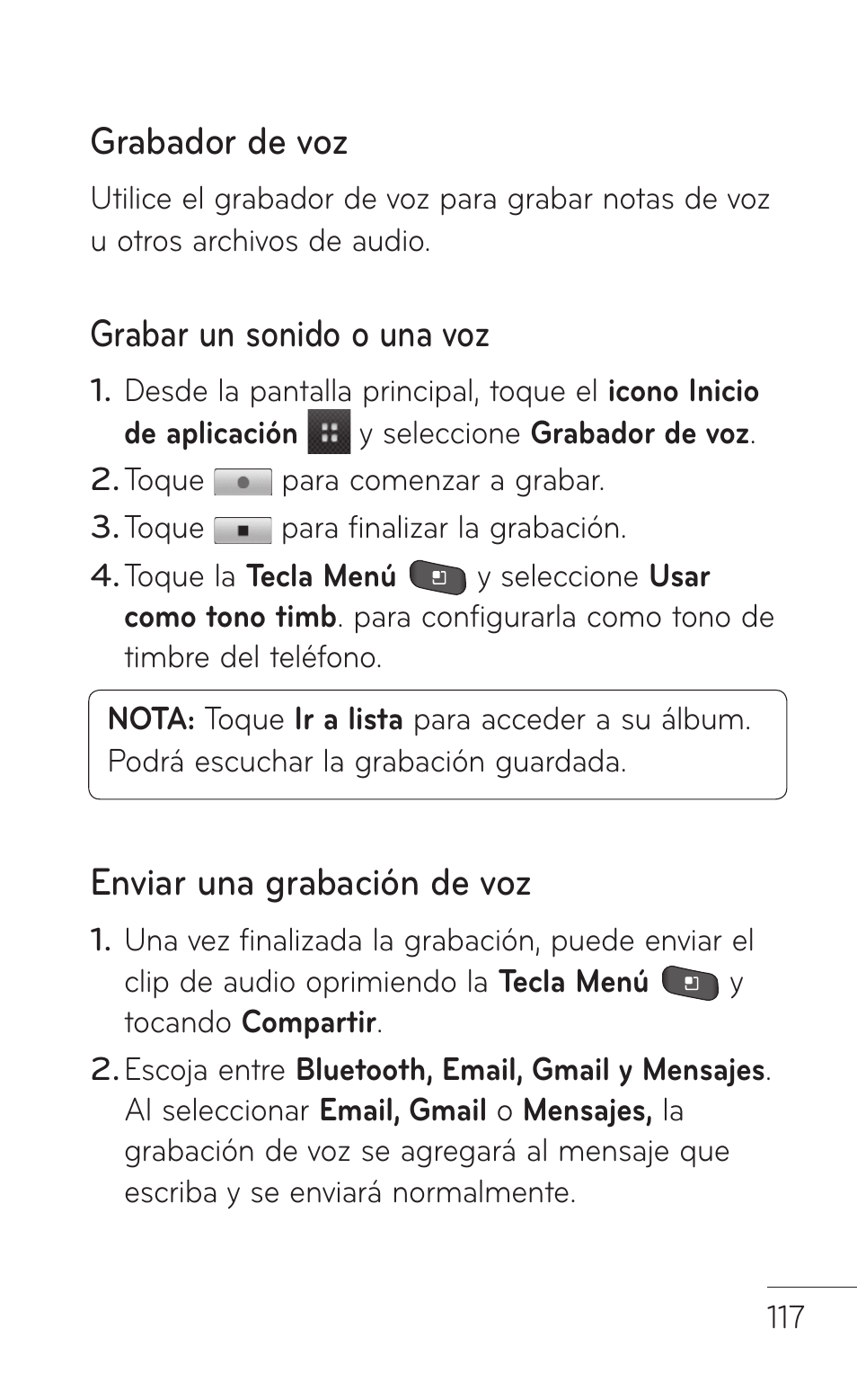 Grabador de voz, Grabar un sonido o una voz, Enviar una grabación de voz | LG LGP504 User Manual | Page 299 / 380