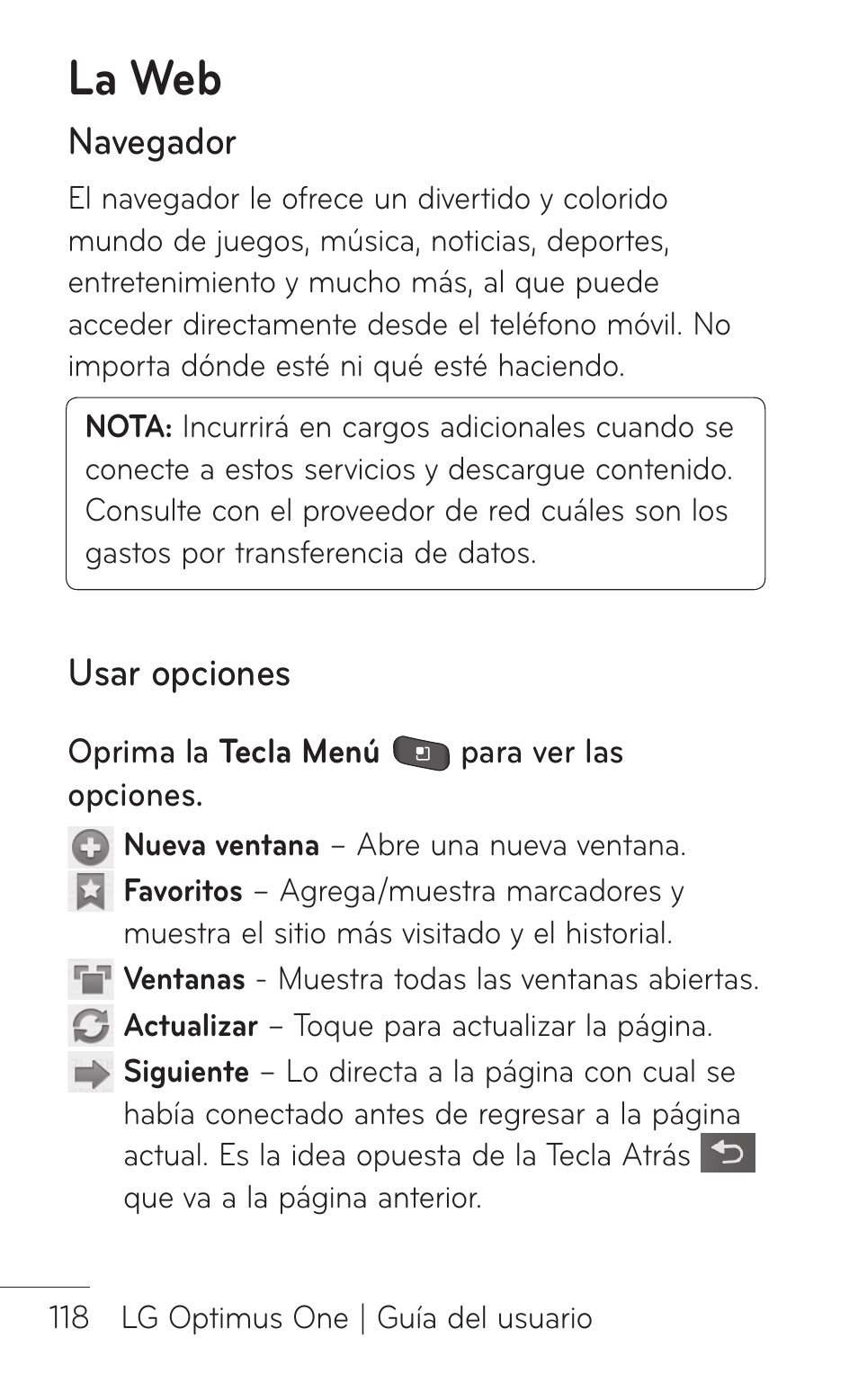 La web, Navegador, Usar opciones | LG LGP504 User Manual | Page 300 / 380