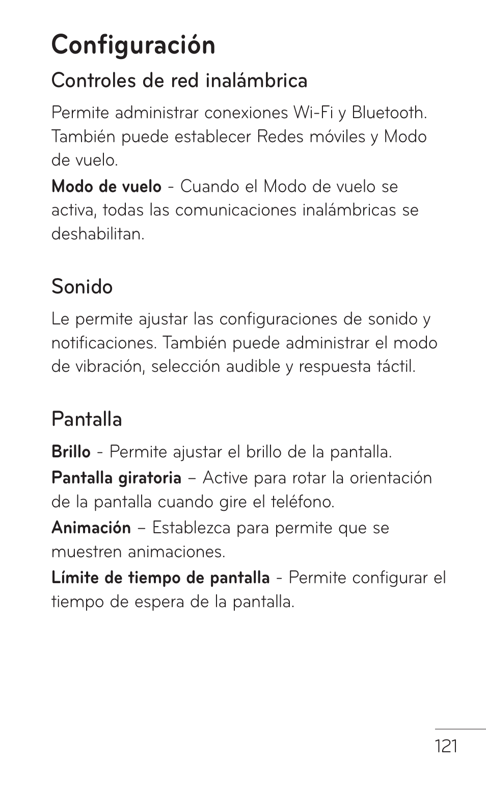 Configuración, Controles de red inalámbrica, Sonido | Pantalla | LG LGP504 User Manual | Page 303 / 380